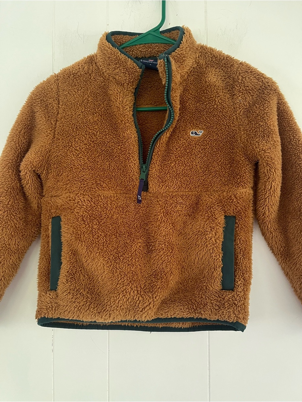 Vineyard Vines Kids Tan Carmel Sherpa Plush Jacket Green Trim Whale Size 7 - Picture 6 of 8